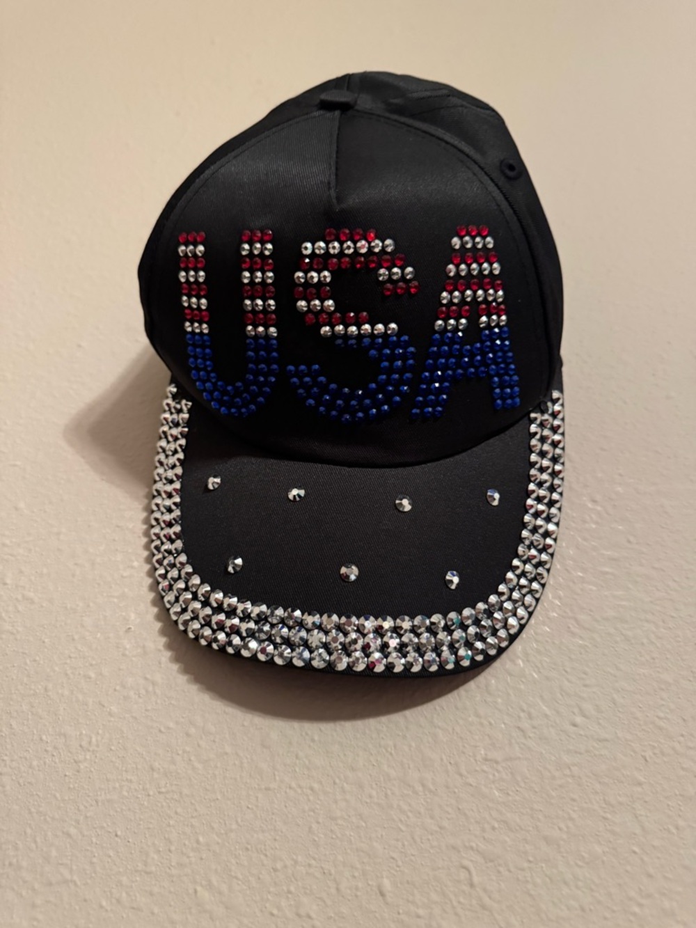 Embellished USA Rhinestone Baseball Cap - Black with Red, White & Blue
